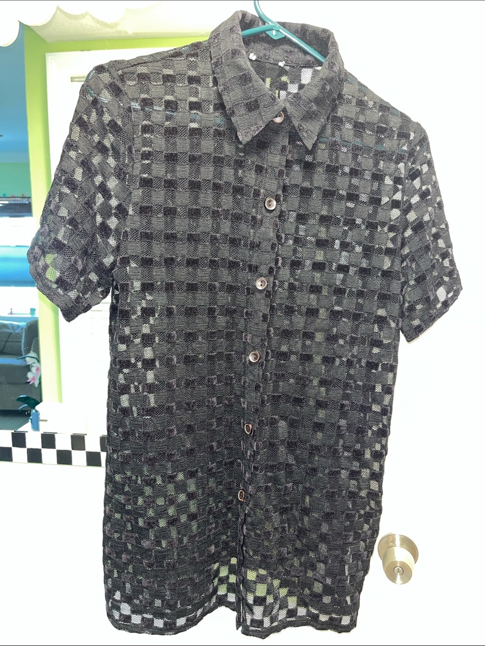 Women’s Black Checker mesh and Knit Button-Up Shirt from free people